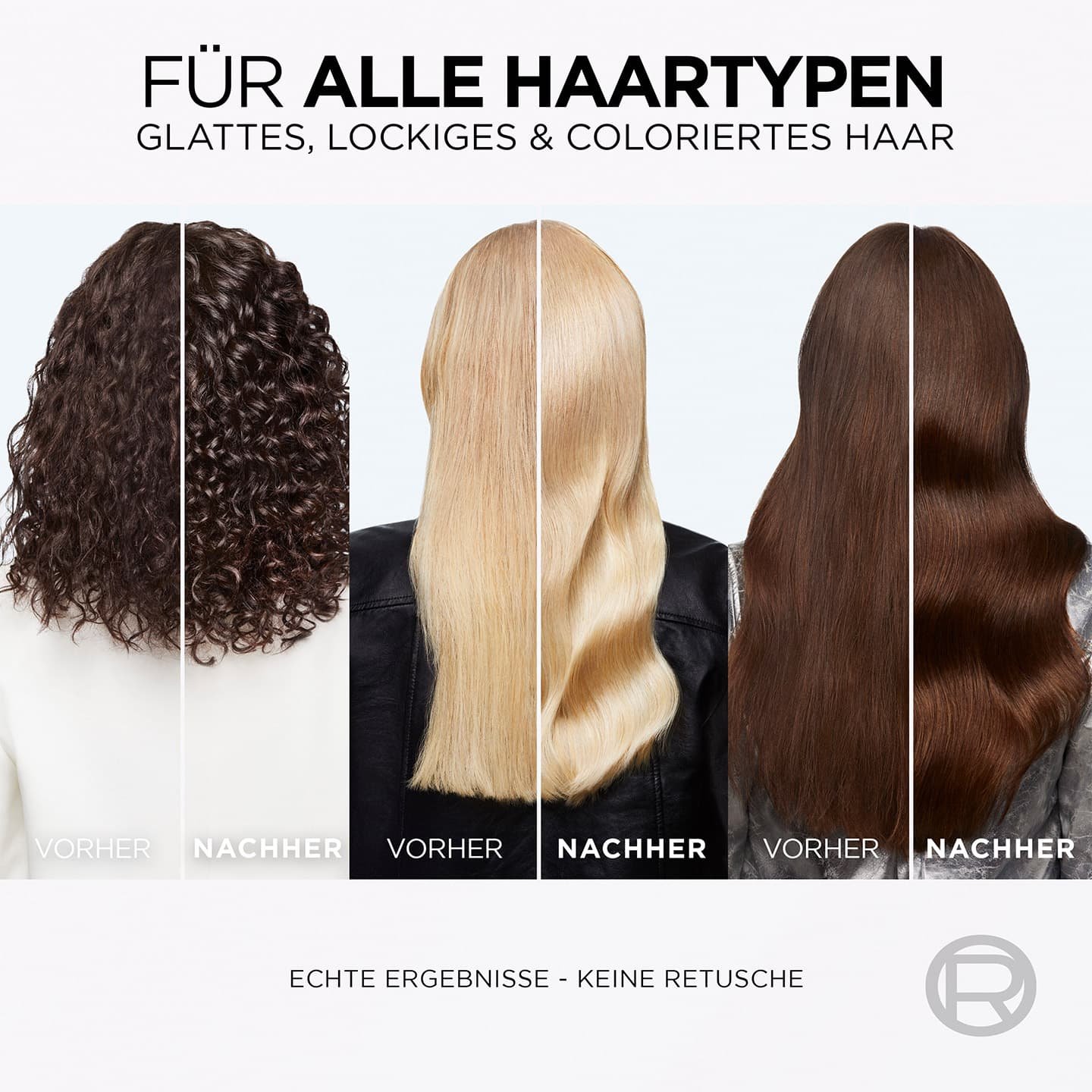 Vorher und Nachher Ergebnis der Elvital Glycolic Gloss Laminierung anhand drei verschiedener Haartypen